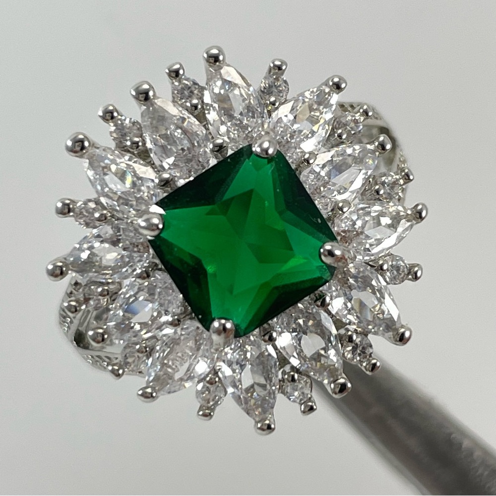Statement Princess Cut Starburst Halo Green Emerald CZ Silver Plated Ring
